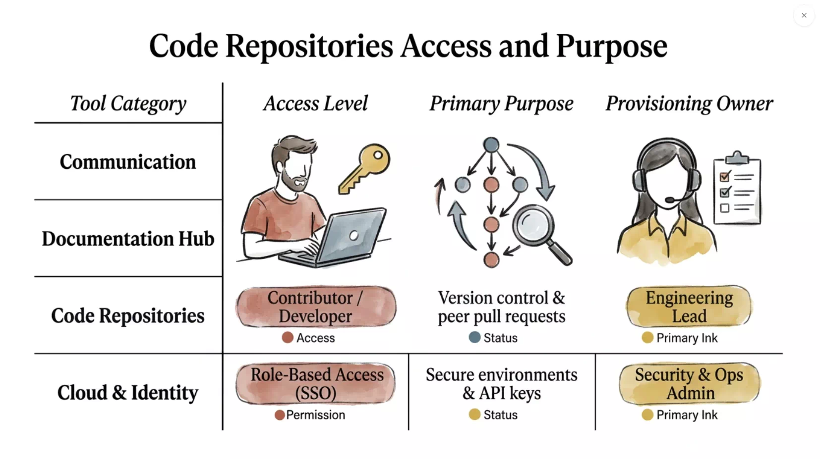 Drill-down infographic on Code Repositories: contributor or developer access, version control and peer pull requests, provisioned by the engineering lead.